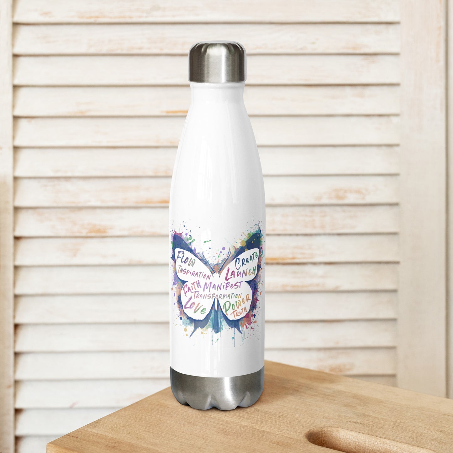 Werk Your Magic™ White Stainless Steel Water Bottle (Butterfly)